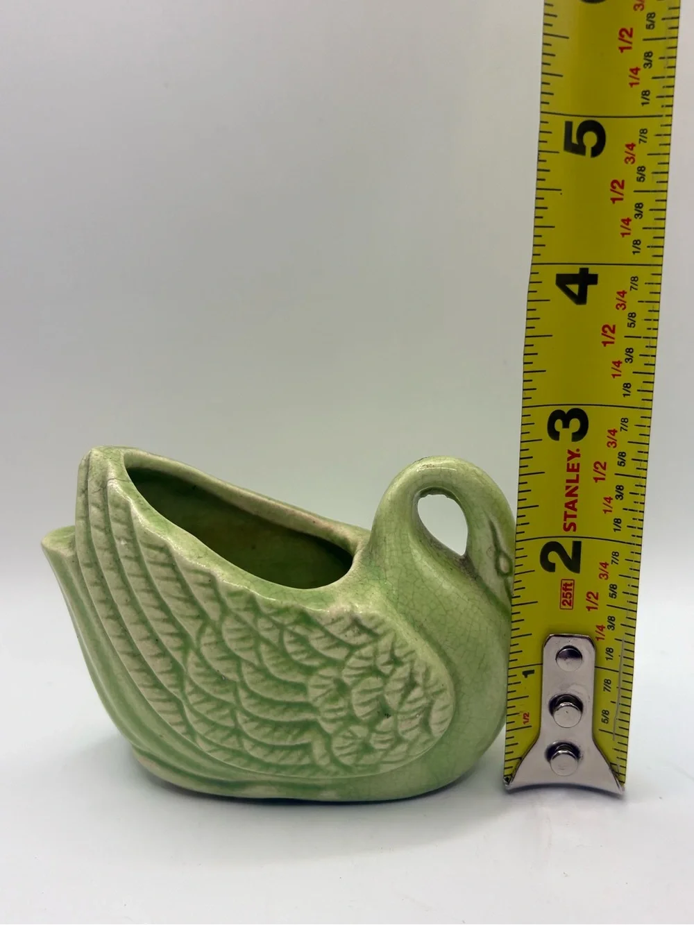Vintage Green Ceramic Swan Planter Mid Century Crackle Glaze Bird Pottery 4.25”
